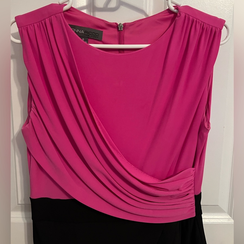 Donna Ricco Sleeveless Midi Wrap Ruched Party Sheath Modest Dress Pink/Black sz6 - Picture 9 of 10